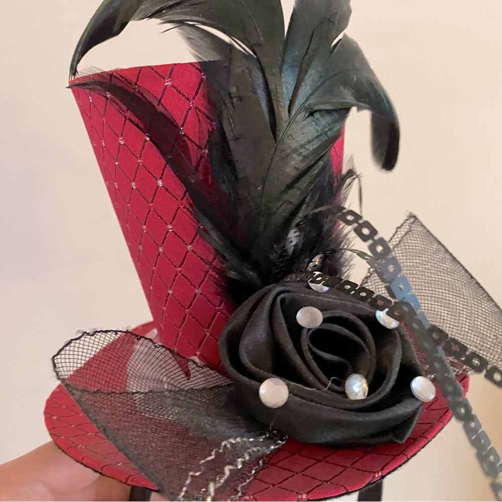 Funky Avant Garde Pink Hat Headband with Decorative Rose and Feather - Picture 3 of 4